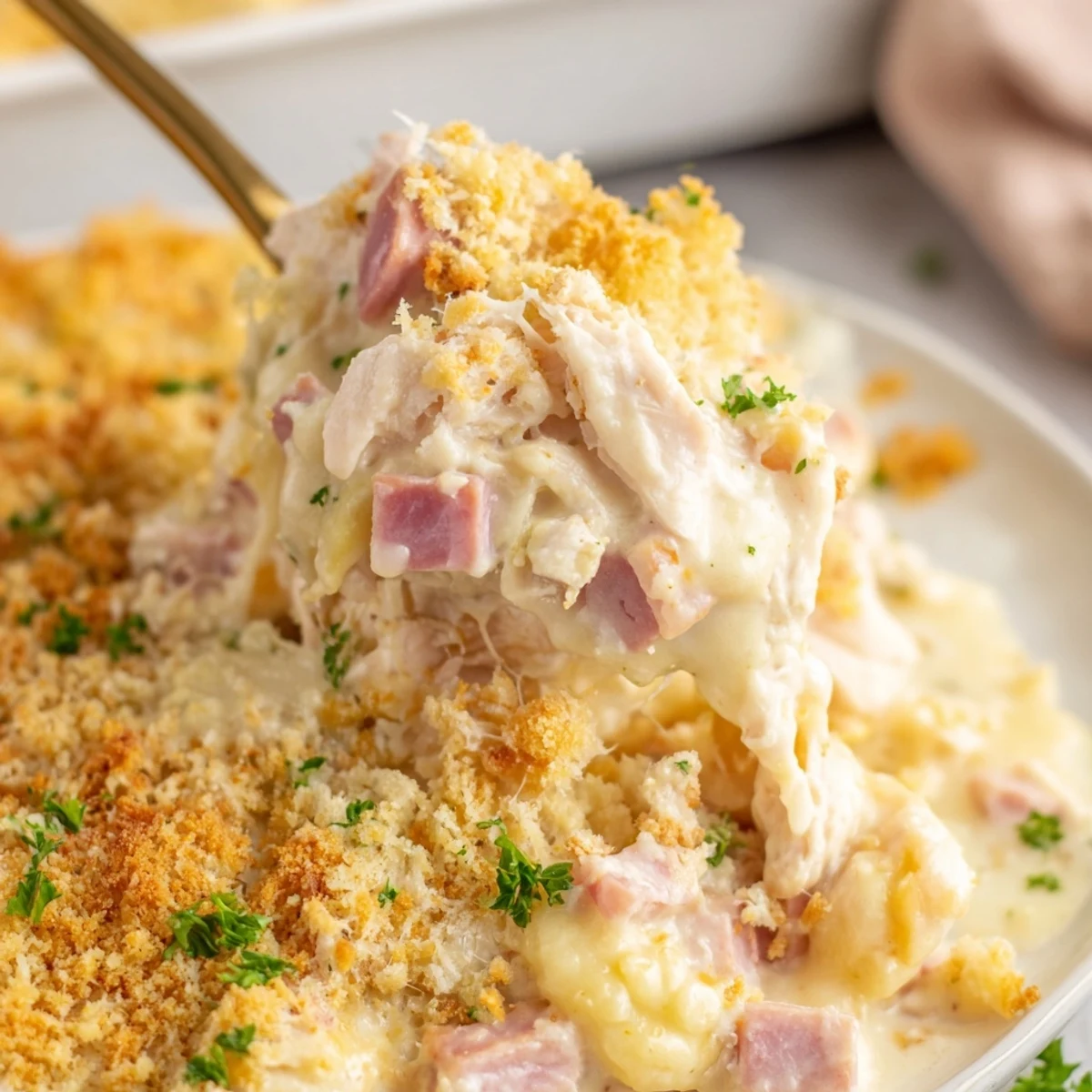 Serving plate of Chicken Cordon Bleu Casserole with Breadcrumbs, showcasing a scoop of the creamy, cheesy filling next to a crisp green salad.