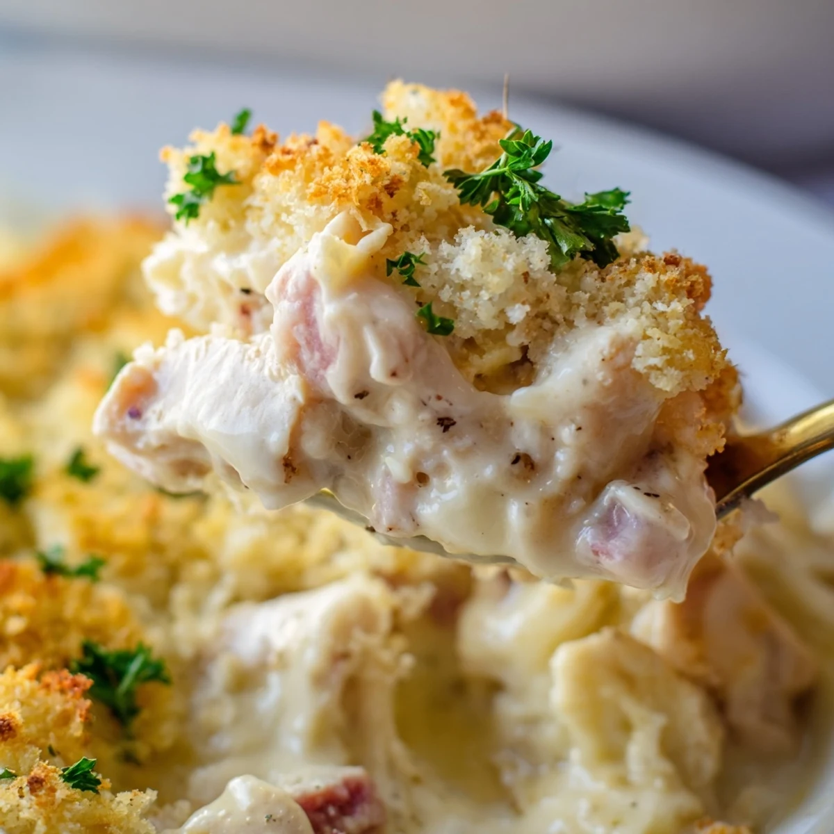 Freshly baked Chicken Cordon Bleu Casserole with Breadcrumbs, revealing a golden, buttery Panko and Parmesan topping just out of the oven.