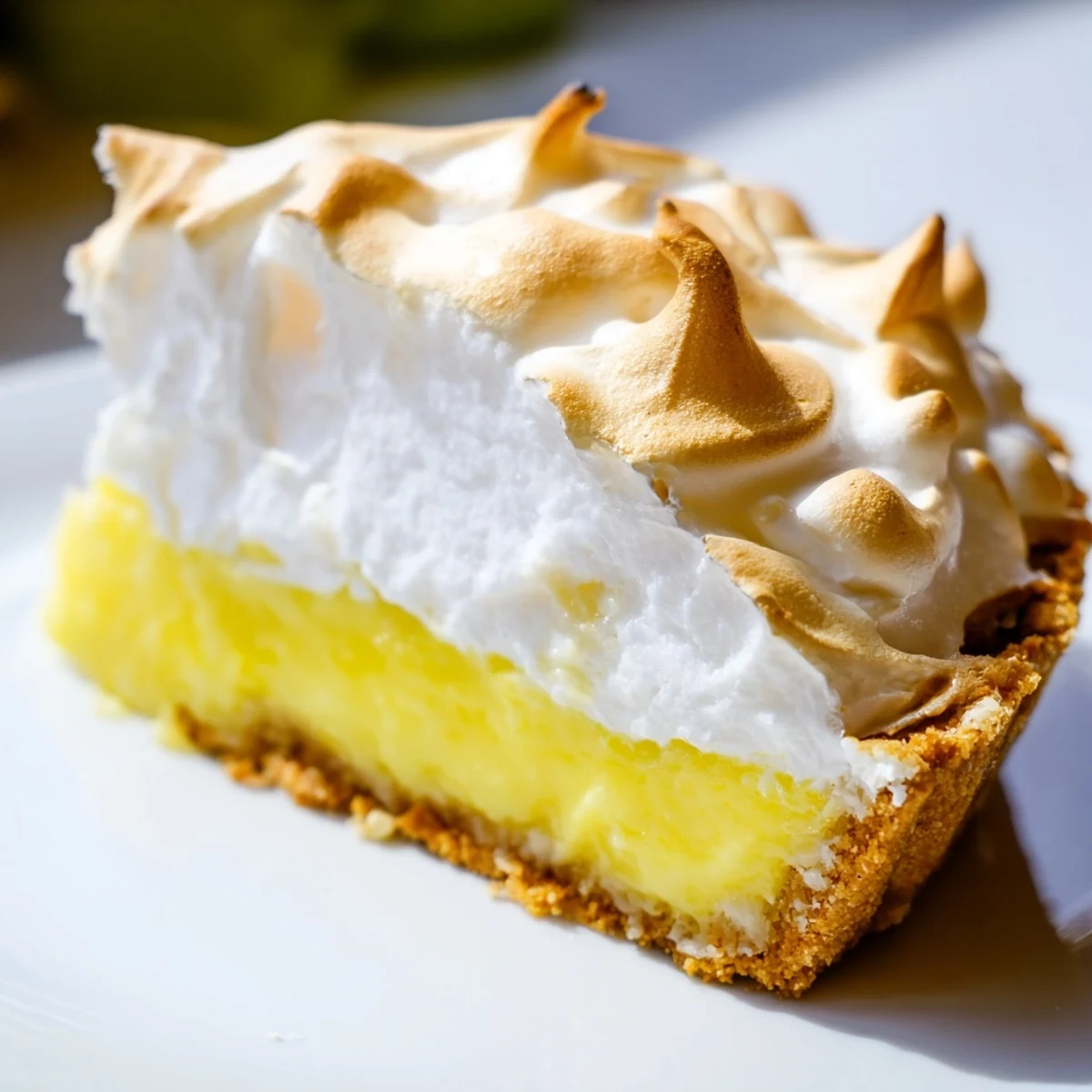 A slice of homemade Lemon Meringue Pie rests on a white plate, showcasing the fluffy meringue topping and crisp graham cracker crust.