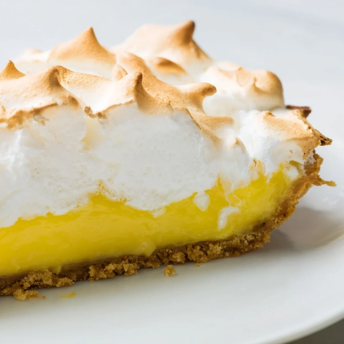 Freshly baked Lemon Meringue Pie with graham cracker crust, featuring golden-brown toasted meringue peaks and bright yellow lemon curd filling.