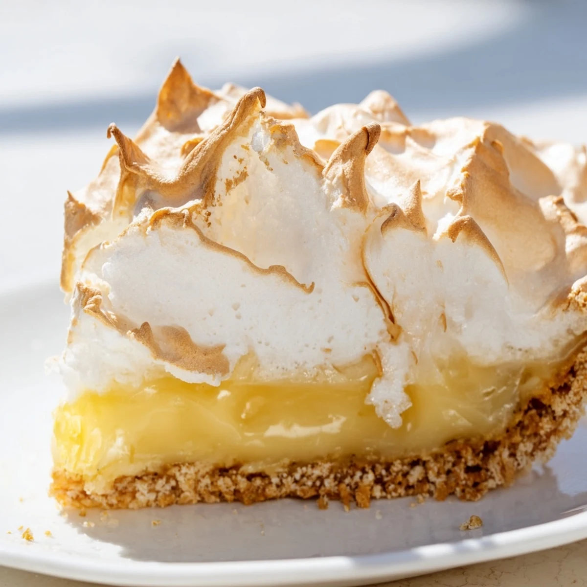 A whole Lemon Meringue Pie with graham cracker crust sits on a cooling rack, topped with high, toasted meringue peaks.