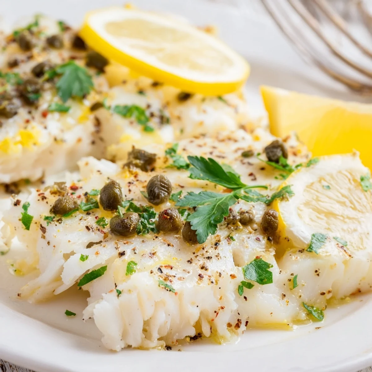 Golden-brown Baked Haddock with Lemon and Capers flaked easily with a fork, garnished with fresh parsley and bright lemon slices for a light dinner.