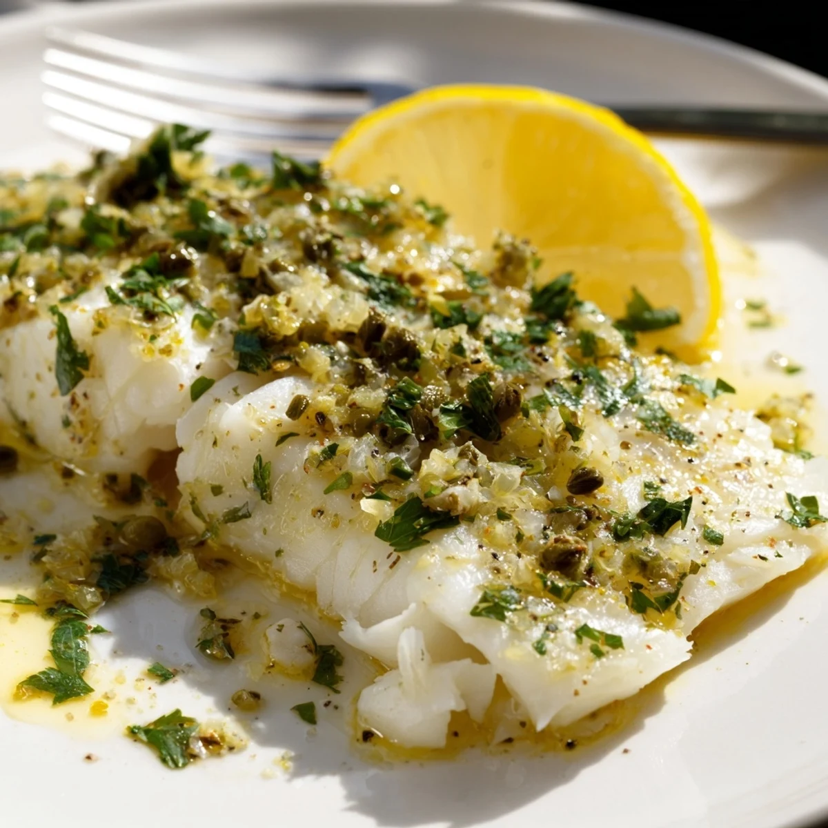 Tender white fish topped with briny capers and zesty lemon slices, Baked Haddock with Lemon and Capers paired with fluffy rice and green beans.