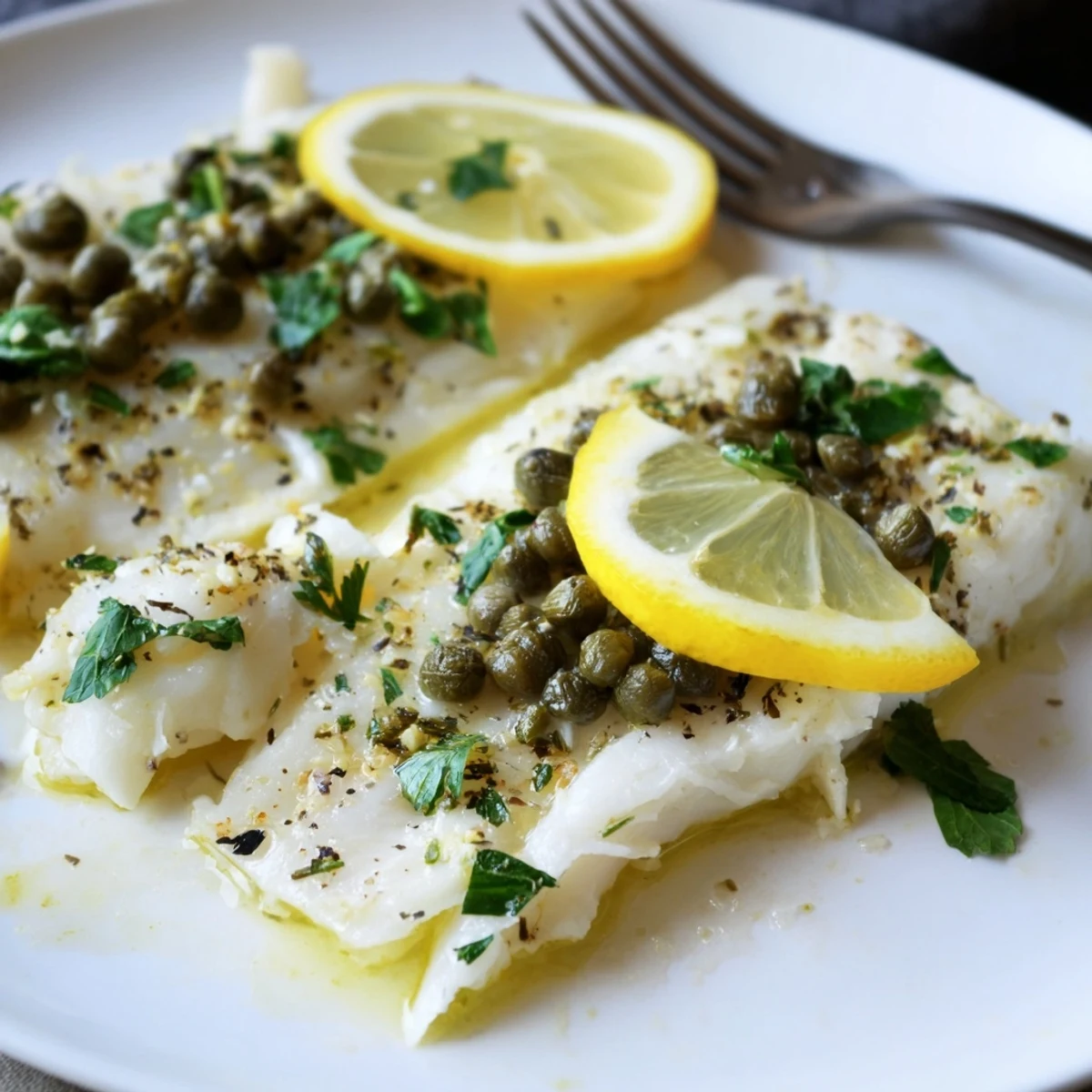 Juicy Baked Haddock with Lemon and Capers rests in a baking dish, drizzled with olive oil, ready for a gluten-free seafood dinner.