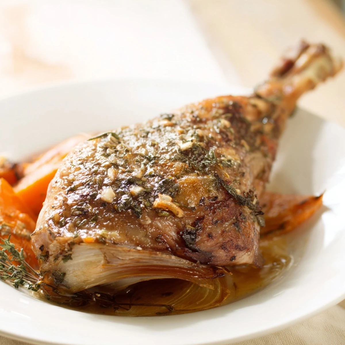 Slow roasted turkey legs with sage rest on a bed of caramelized onions, carrots, and celery, glistening with savory pan juices.