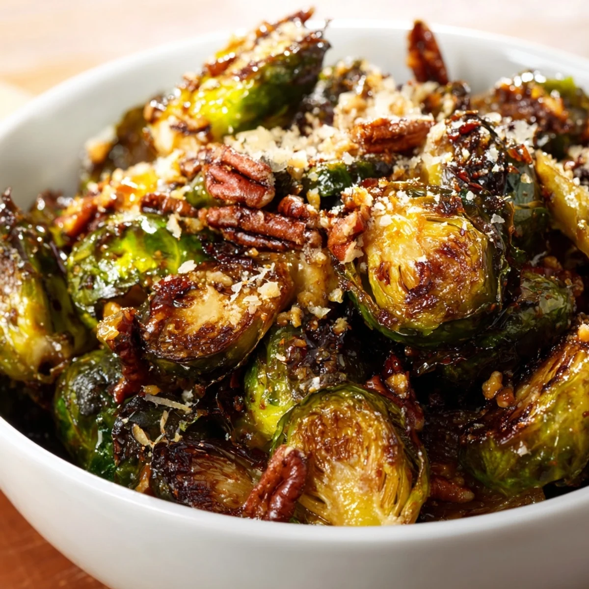 Roasted Brussels sprouts glistening with maple syrup glaze, garnished with pecans on a rustic plate.