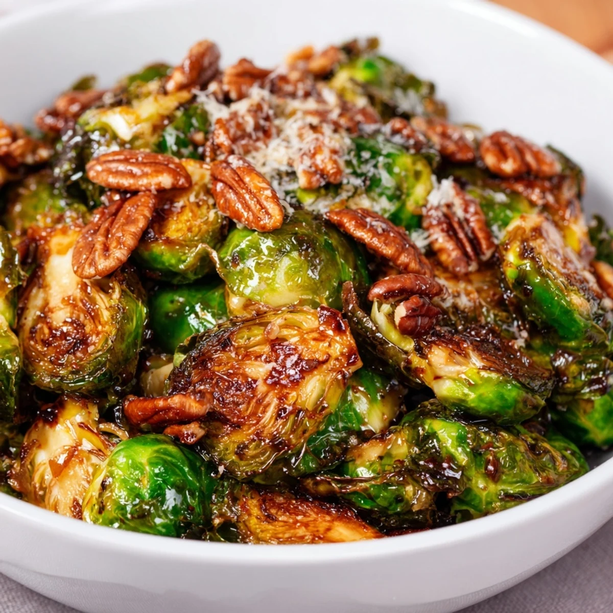 Golden brown Brussels sprouts tossed in sweet glaze, served warm as an easy vegetarian side dish.