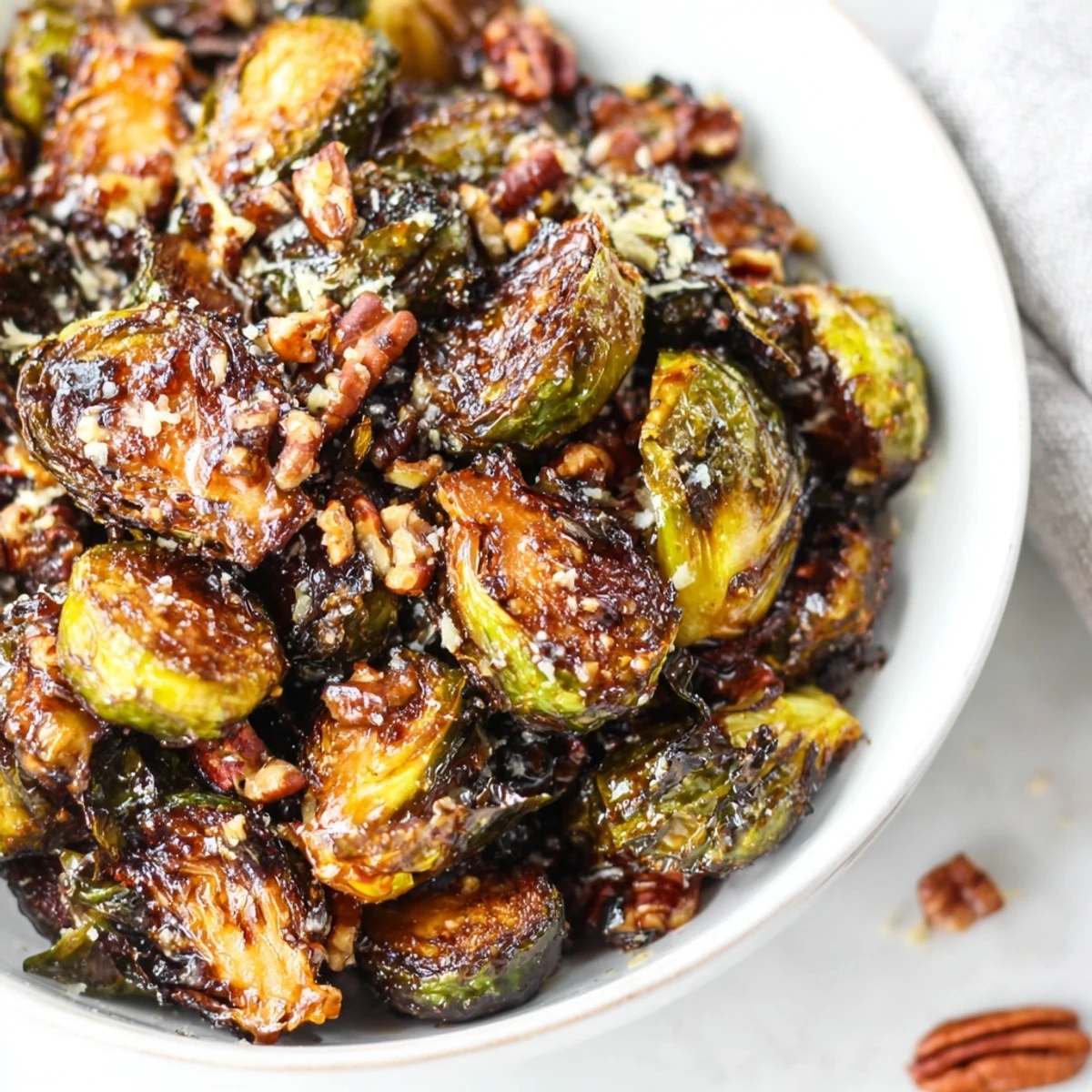 Crispy Brussels sprouts with maple balsamic drizzle and parmesan, ready to serve on a platter.