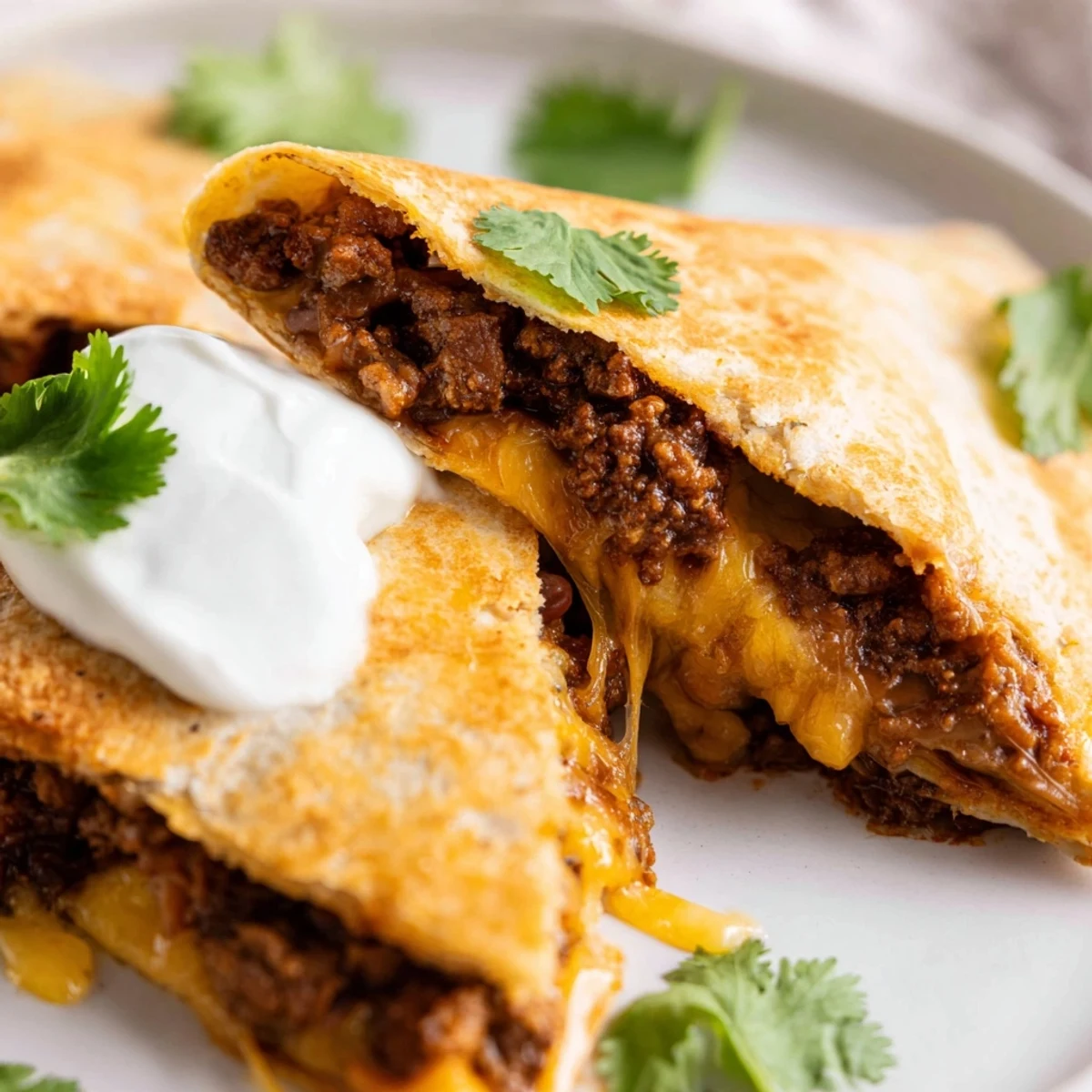 Freshly prepared Cheesy Beef and Bean Quesadillas rest on a rustic wooden board, garnished with cilantro. Salsa and sour cream dip accompany the golden, crispy wedges for a delicious Tex-Mex dinner.