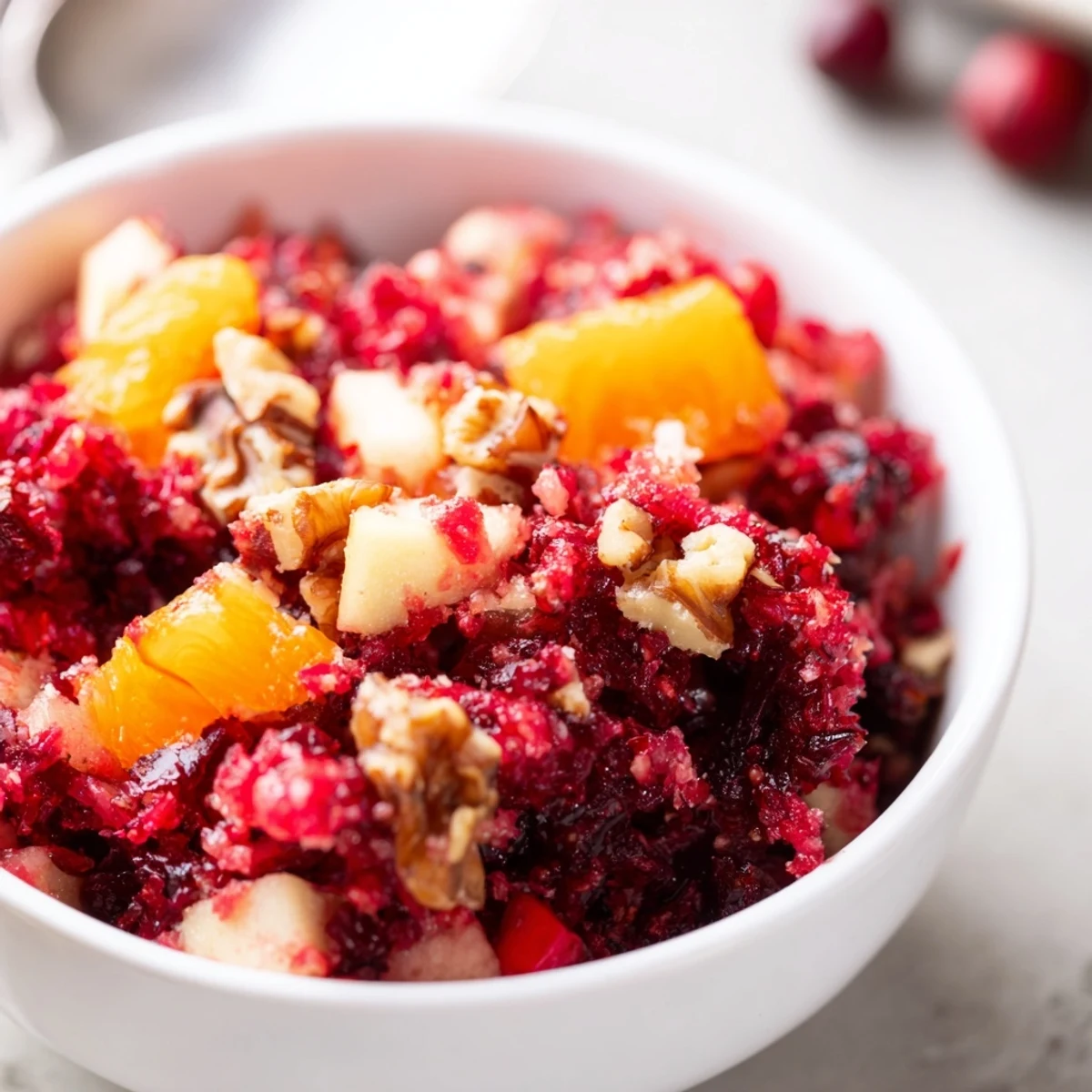 Chopped walnuts rest on top of the vibrant red Cranberry Orange Relish for a crunchy garnish.