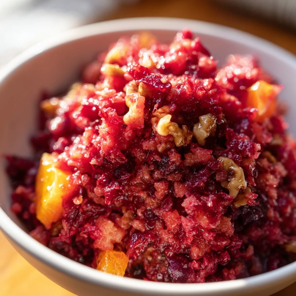 Fresh, chunky Cranberry Orange Relish with bright orange zest and spicy grated ginger in a white bowl.