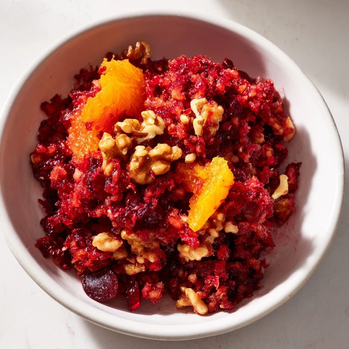 Spoonful of homemade Cranberry Orange Relish served over creamy vanilla yogurt in a glass dessert bowl.
