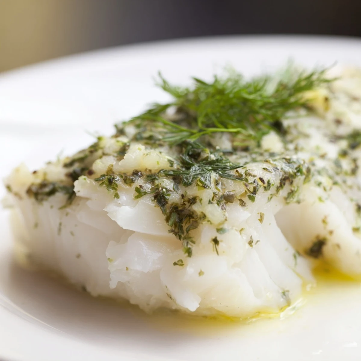 A flaky fillet of Baked Halibut with Lemon Herb Butter served on a white plate, topped with melting butter and lemon wedges.