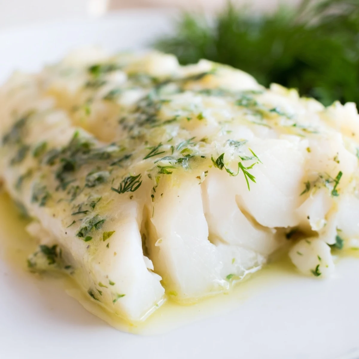 Close-up of Baked Halibut with Lemon Herb Butter revealing tender fish and a bright, zesty sauce ready to serve.