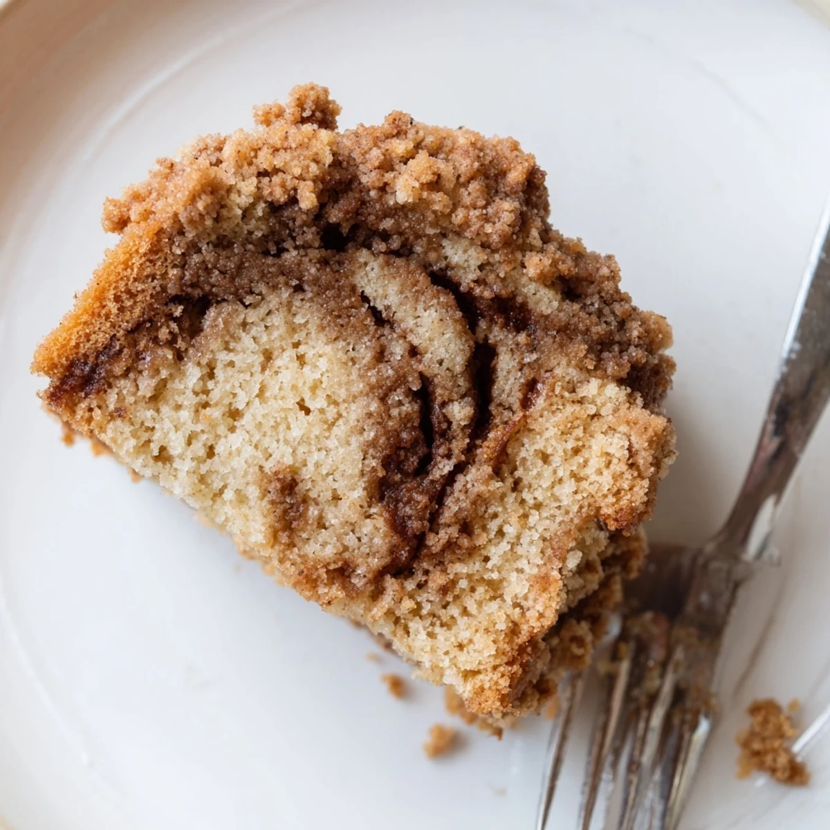 Golden, freshly baked Cinnamon Swirl Coffee Cake with Crumble, showcasing a moist crumb and generous buttery topping.