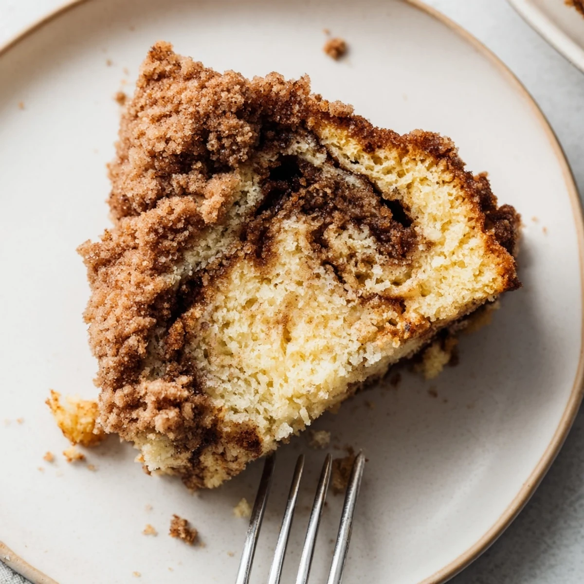 A warm slice of Cinnamon Swirl Coffee Cake with Crumble reveals sugary cinnamon ribbons and crunchy crumble bits.
