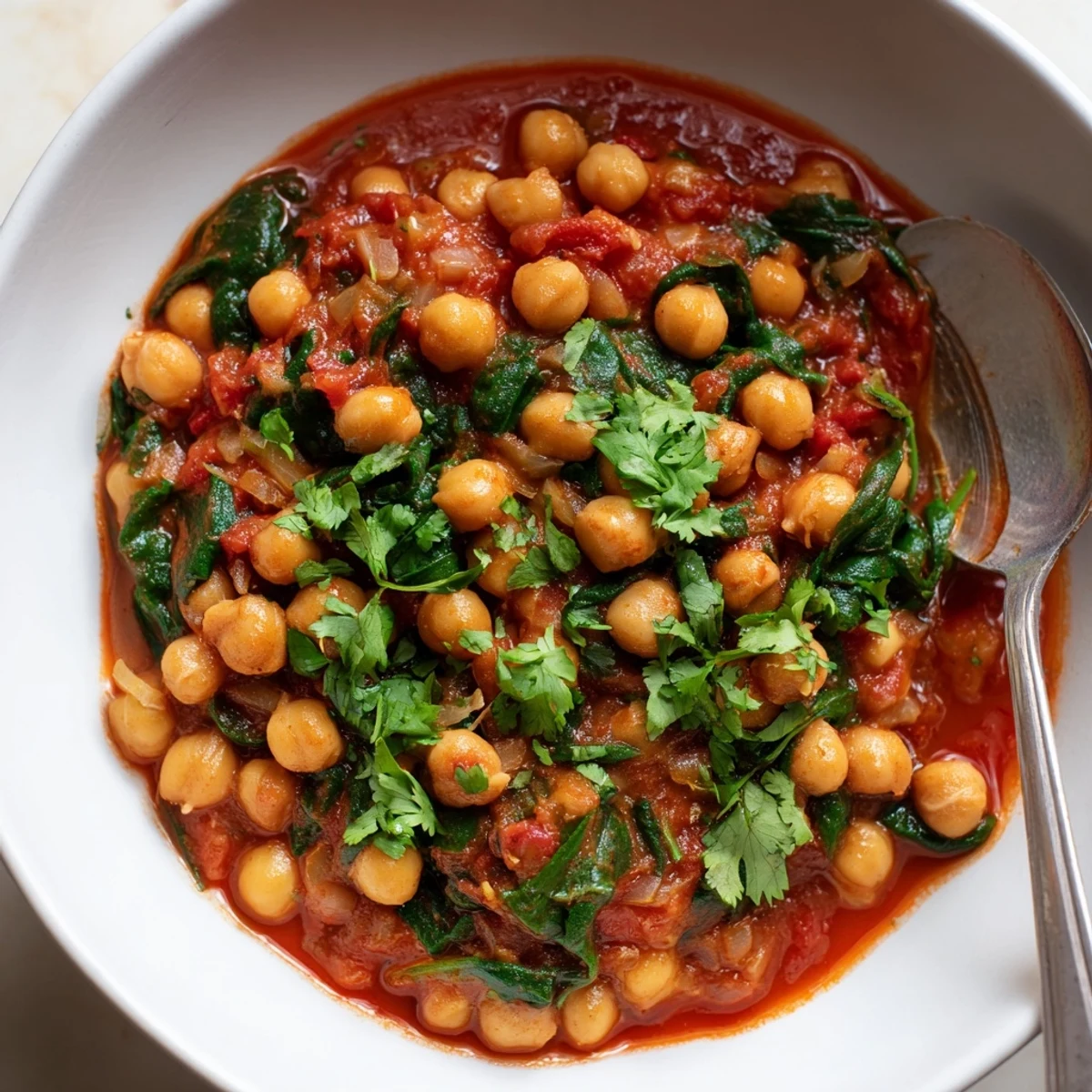 Creamy Spicy Chickpea and Spinach Curry simmered in a rich tomato sauce, garnished with cilantro and a lemon wedge.