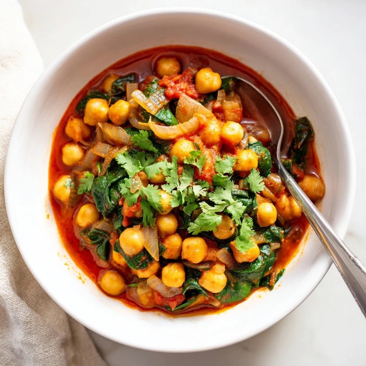 Close-up of Spicy Chickpea and Spinach Curry with wilted greens and chickpeas, served over fluffy rice with naan.