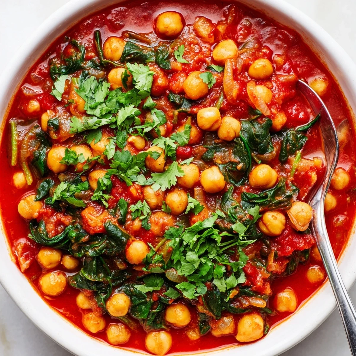 A steaming bowl of Spicy Chickpea and Spinach Curry featuring tender chickpeas and vibrant spinach in a golden sauce.