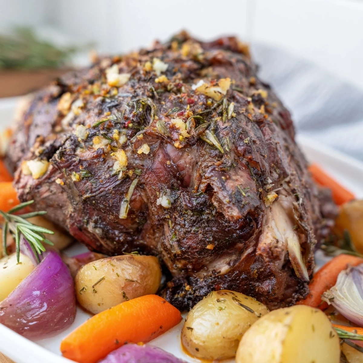 Golden-brown Roasted Lamb Shoulder with Vegetables sits in a roasting pan, surrounded by caramelized carrots, parsnips, and potatoes, garnished with fresh rosemary.