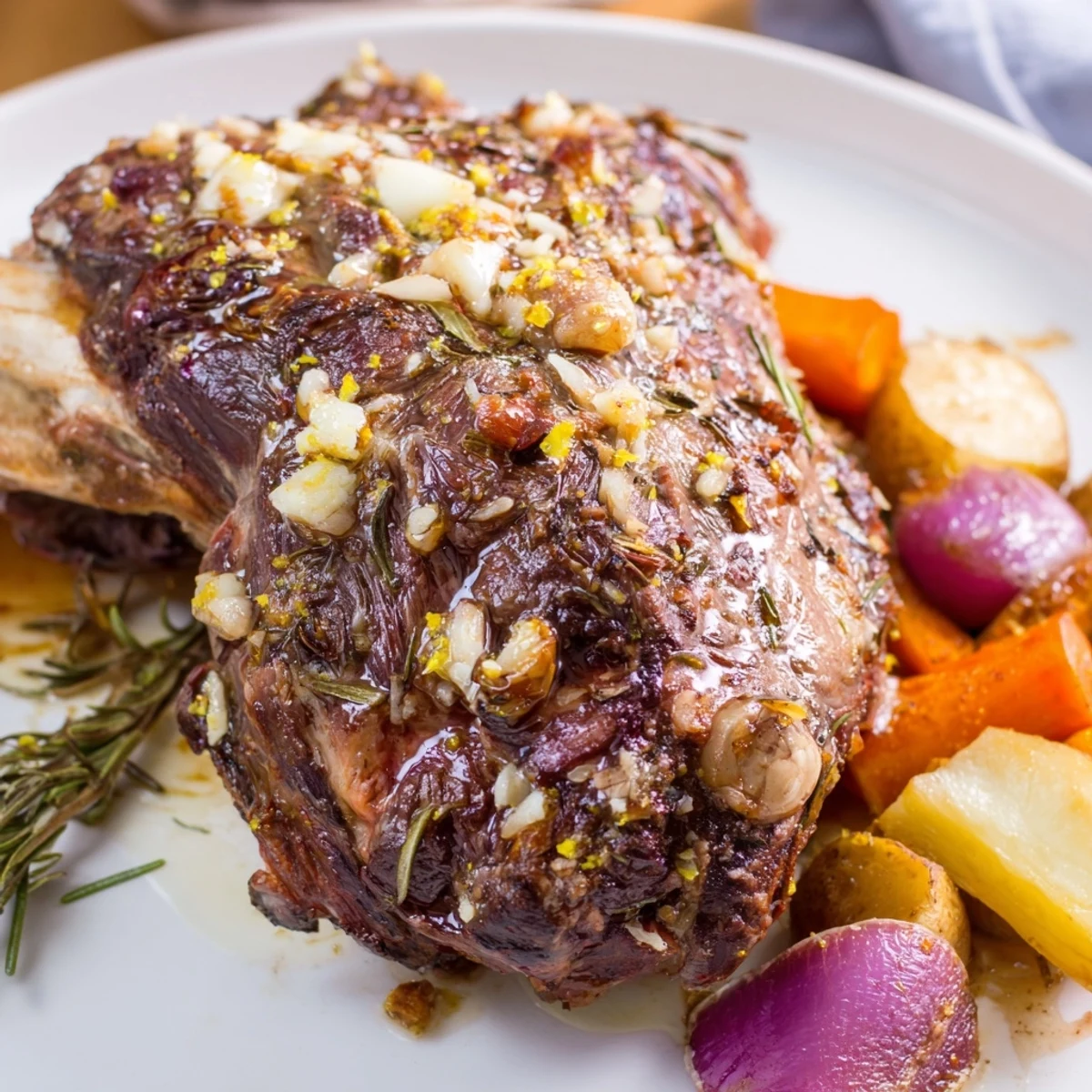 A close-up of Roasted Lamb Shoulder with Vegetables reveals juicy, herb-crusted meat and tender root vegetables, perfect for a Sunday family dinner.