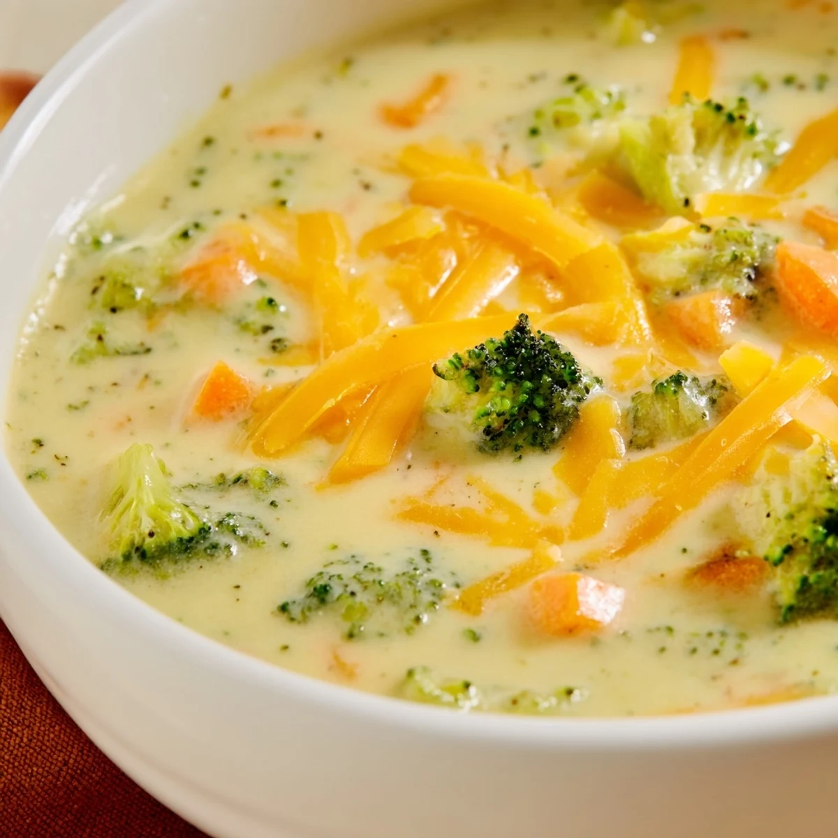 Velvety Creamy Broccoli and Cheddar Soup in a rustic bowl, garnished with fresh herbs and a side of crusty bread.