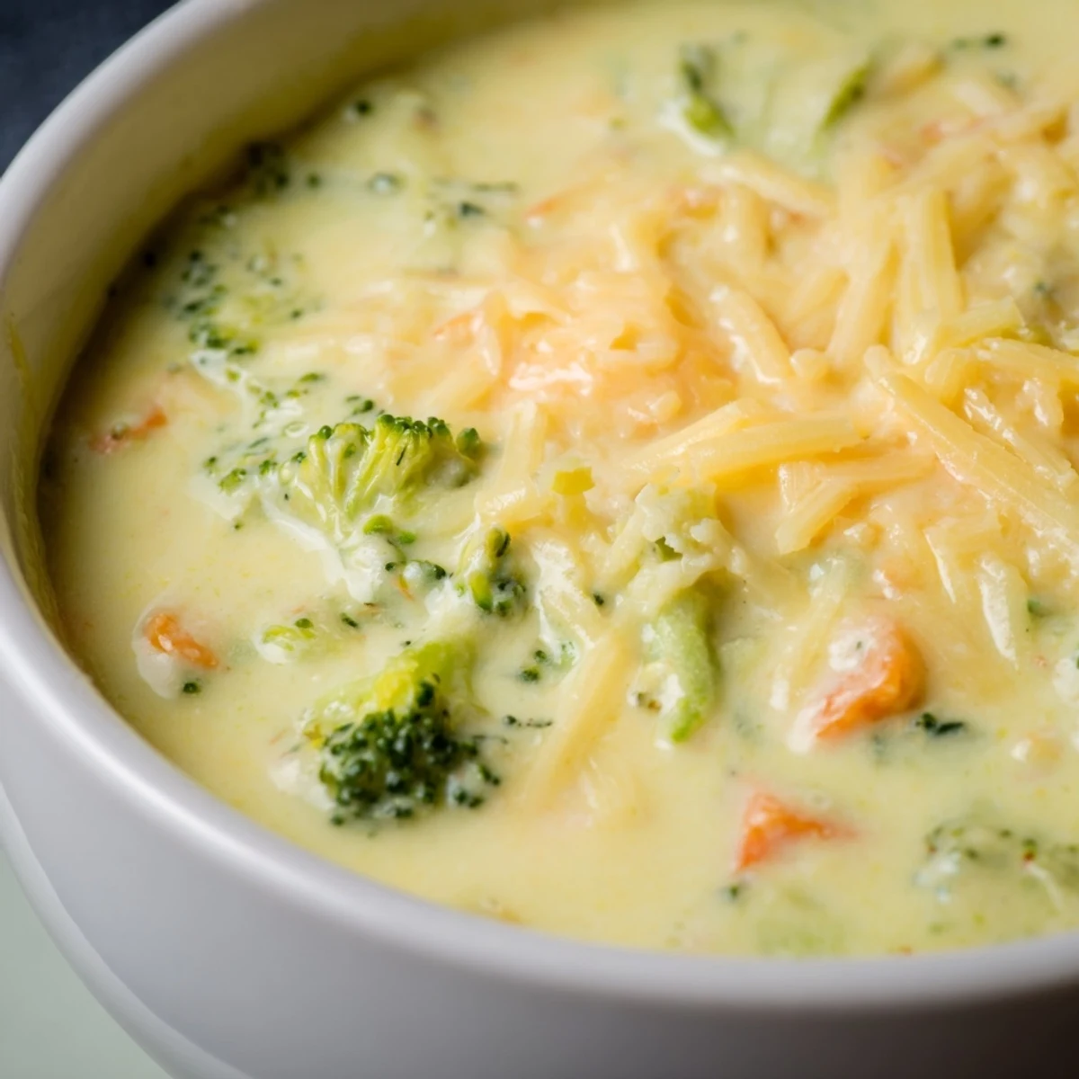 A steaming pot of Creamy Broccoli and Cheddar Soup on a stovetop with bright green broccoli florets and sharp cheddar.