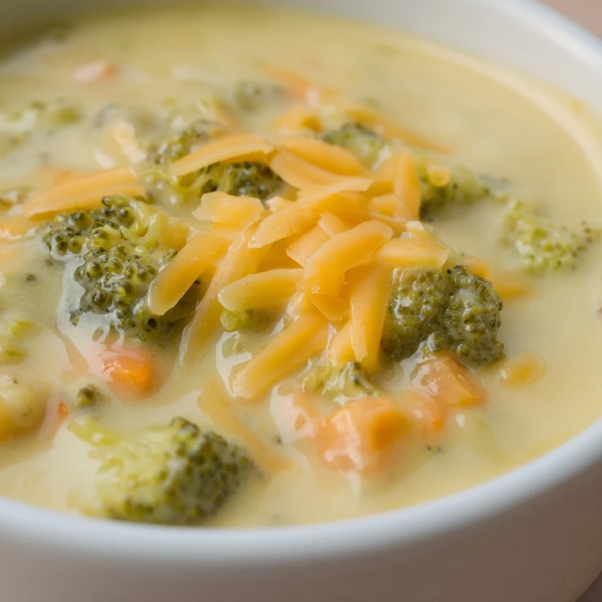 A ladle pouring Creamy Broccoli and Cheddar Soup into a white bowl, topped with extra shredded cheddar and black pepper.