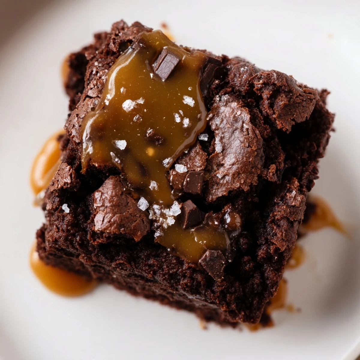 Decadent Chocolate Fudge Brownies with Salted Caramel swirled in an 8x8-inch pan with a glossy finish.
