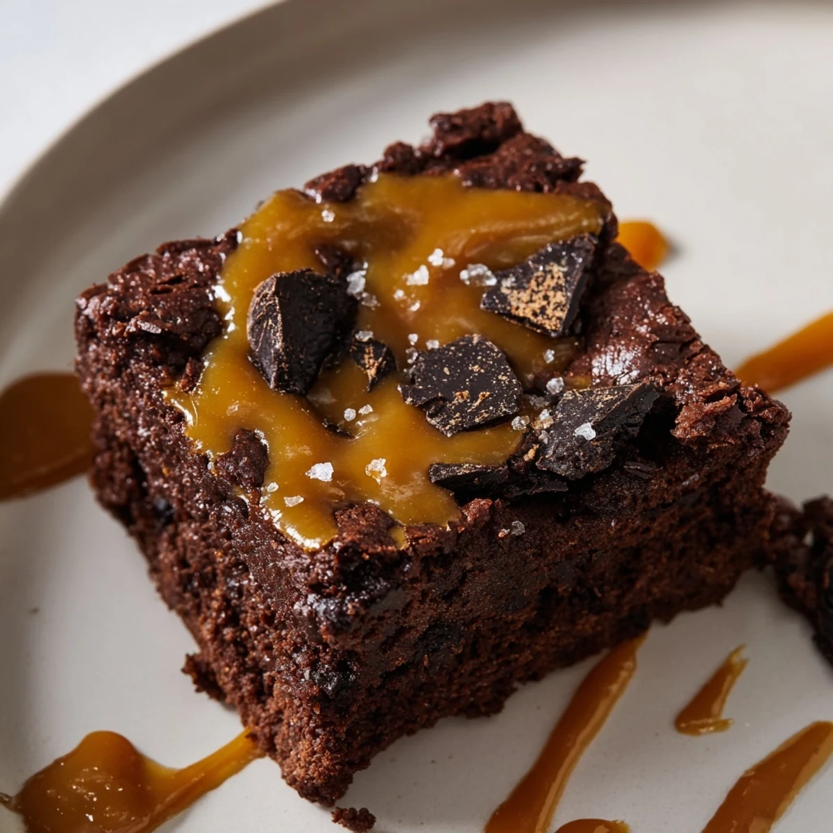 Warm Chocolate Fudge Brownies with Salted Caramel topped with melty vanilla ice cream and a drizzle of extra caramel.