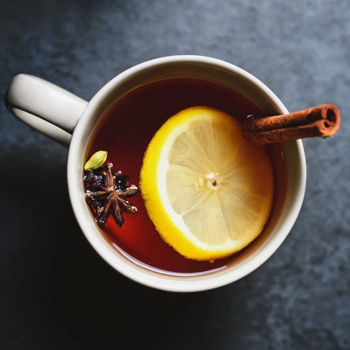 Spiced tea with lemon steaming in a clear glass mug, cinnamon sticks and lemon slices visible in the golden brew.