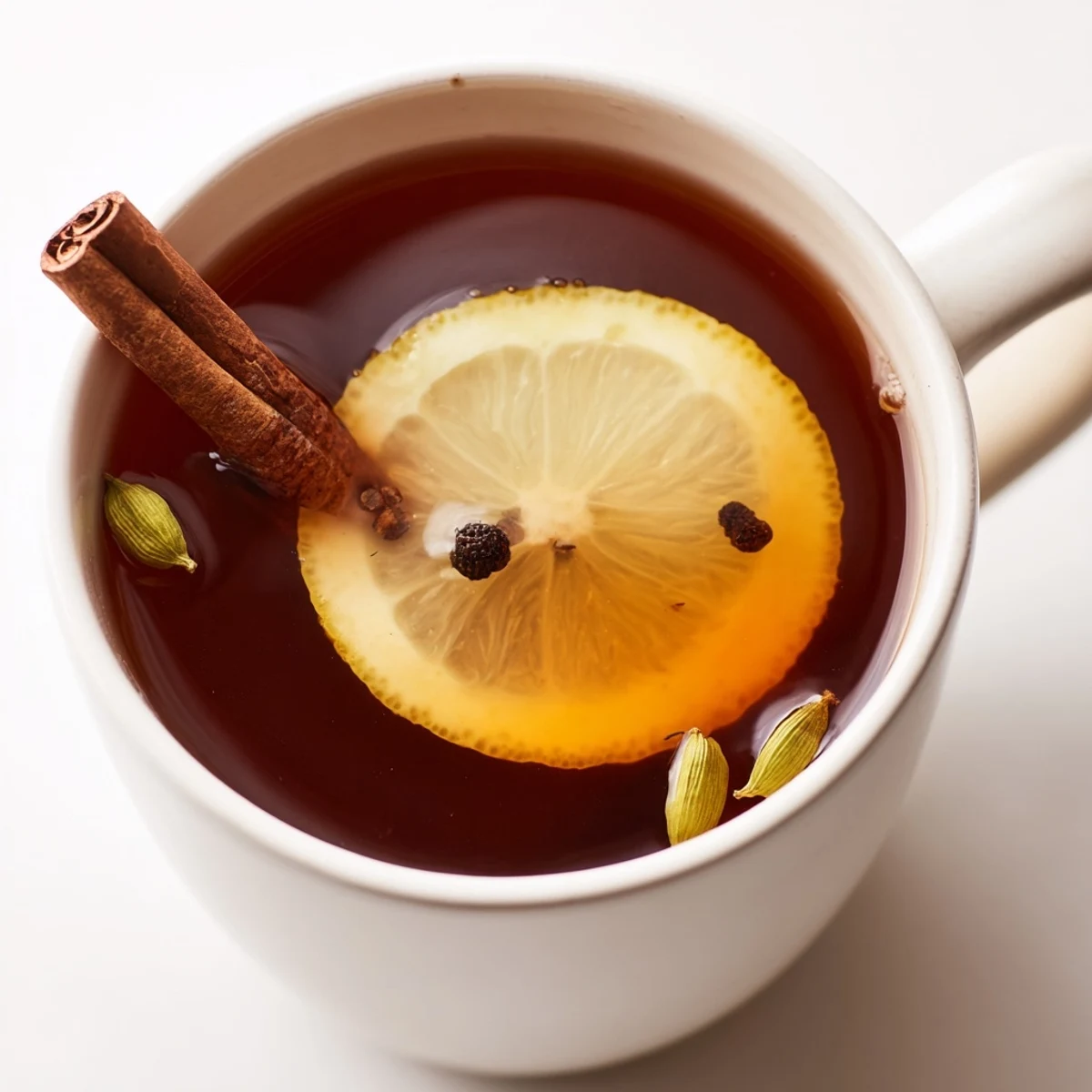 A steaming mug of spiced tea with lemon, showcasing cinnamon sticks and fresh lemon slices floating in the amber liquid.