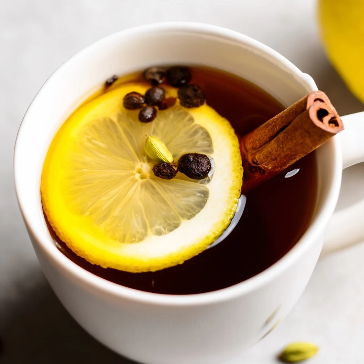 Warm spiced tea with lemon in a clear glass, garnished with a lemon slice and aromatic whole spices.