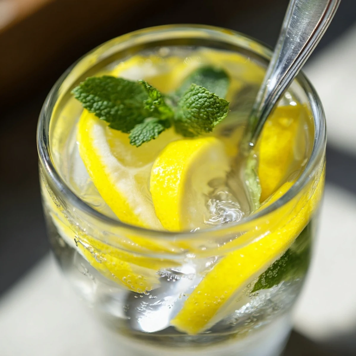 A close-up of two tall glasses of homemade lemon water with ice, bright yellow slices and condensation on the glass.