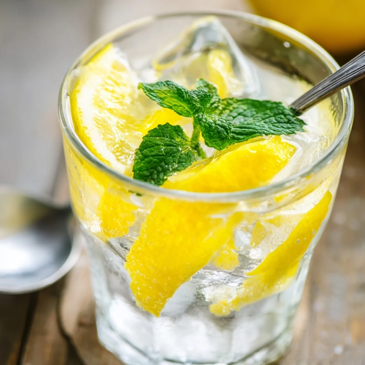 Refreshingly simple lemon water with ice in a clear glass, garnished with fresh mint for a crisp summer beverage.