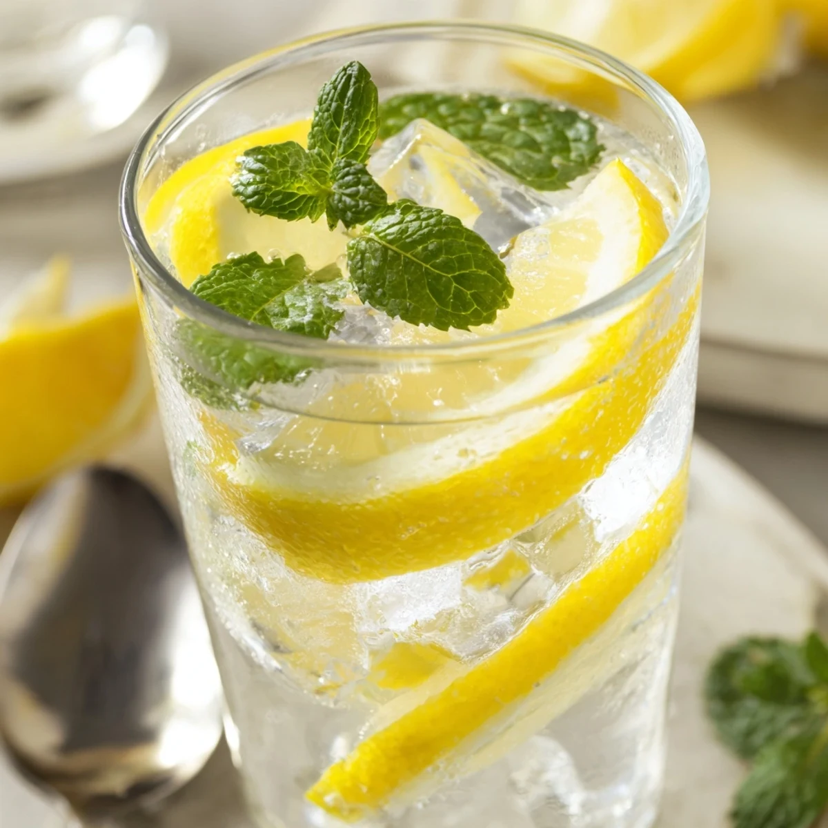 Two serving glasses filled with ice water and lemon slices, ready to drink on a warm sunny afternoon.