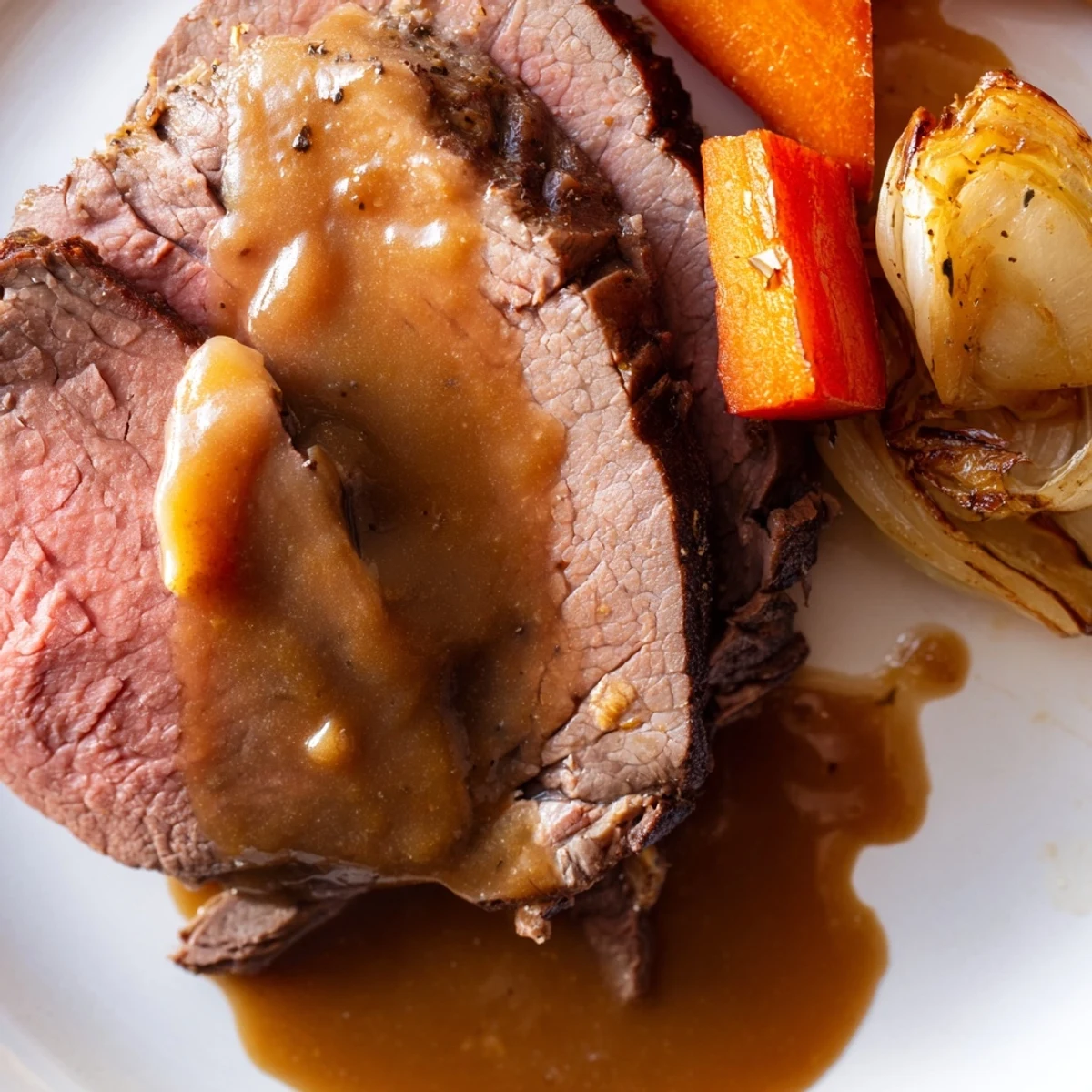A golden brown beef roast with rich dark gravy poured over it, surrounded by tender roasted root vegetables. 