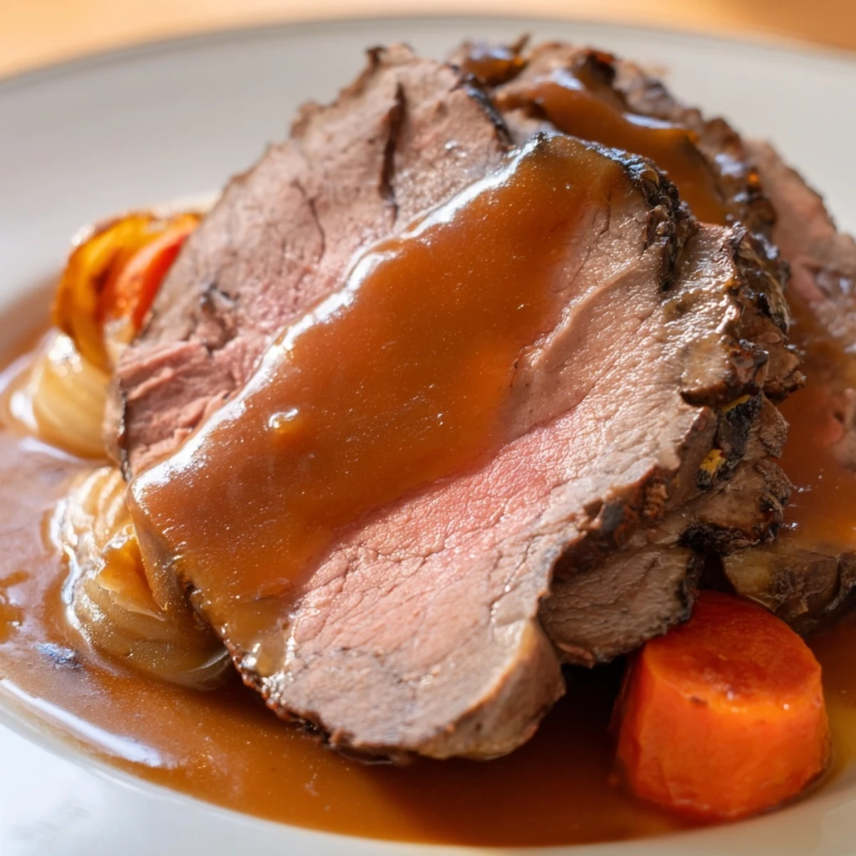 Sliced tender roasted beef with savory gravy drizzled over the top, plated for a cozy Sunday dinner.
