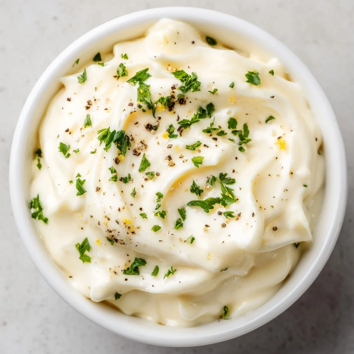Creamy Garlic Mayo Sauce in a white bowl, garnished with fresh parsley and lemon wedges, ready for dipping French fries.