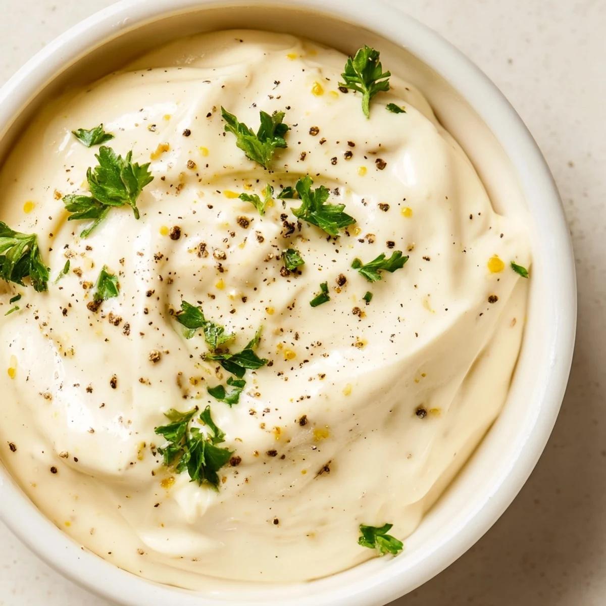 Homemade Garlic Mayo Sauce in a glass jar with a spoon, highlighted next to crusty bread for spreading.