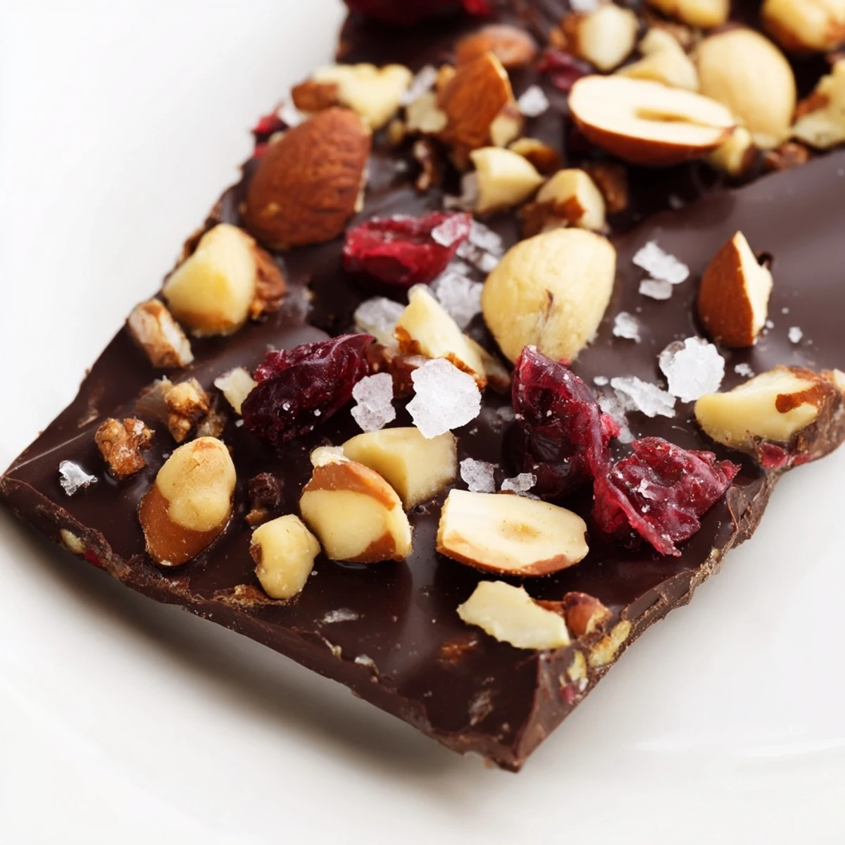 Homemade chocolate bar with nuts showing rich dark chocolate and roasted almonds, hazelnuts, and walnuts.