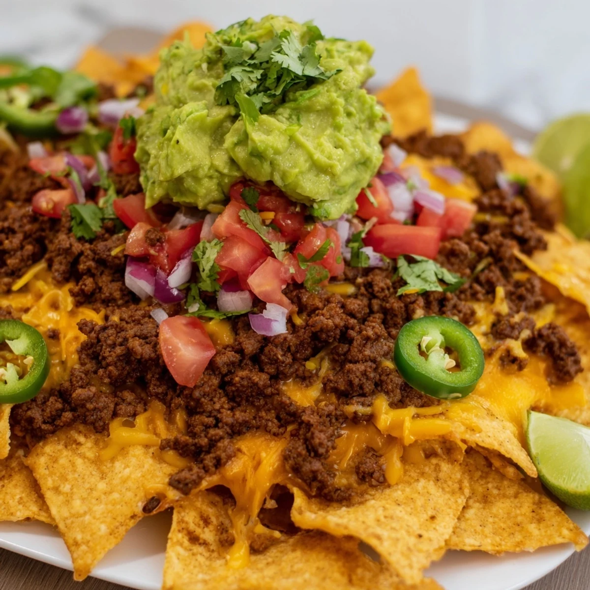 A close-up of freshly baked Beef Nachos with Guacamole, topped with diced tomatoes and jalapeños, served with lime wedges. 