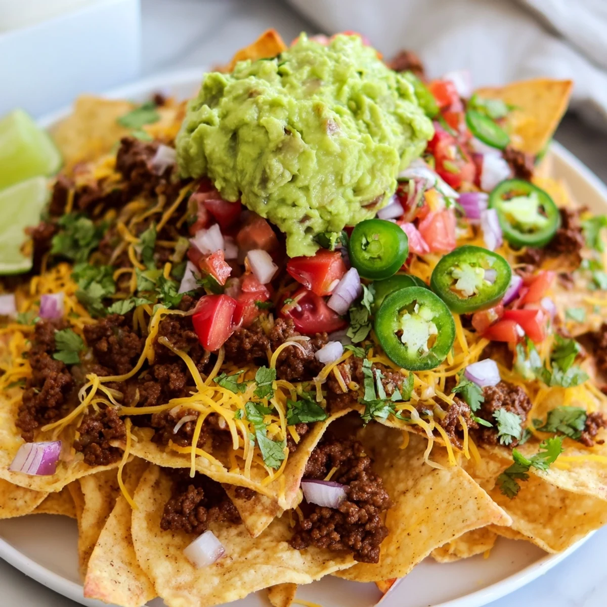 This hearty platter of Beef Nachos with Guacamole is loaded with seasoned beef, fresh toppings, and creamy avocado dip.