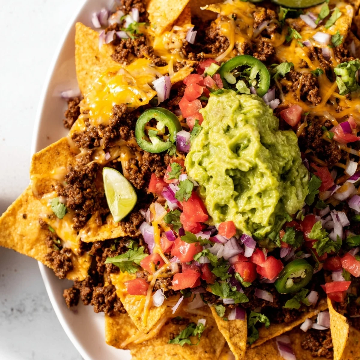 Golden, melted cheese blankets spiced ground beef and crispy tortilla chips in this classic Beef Nachos with Guacamole dish. 