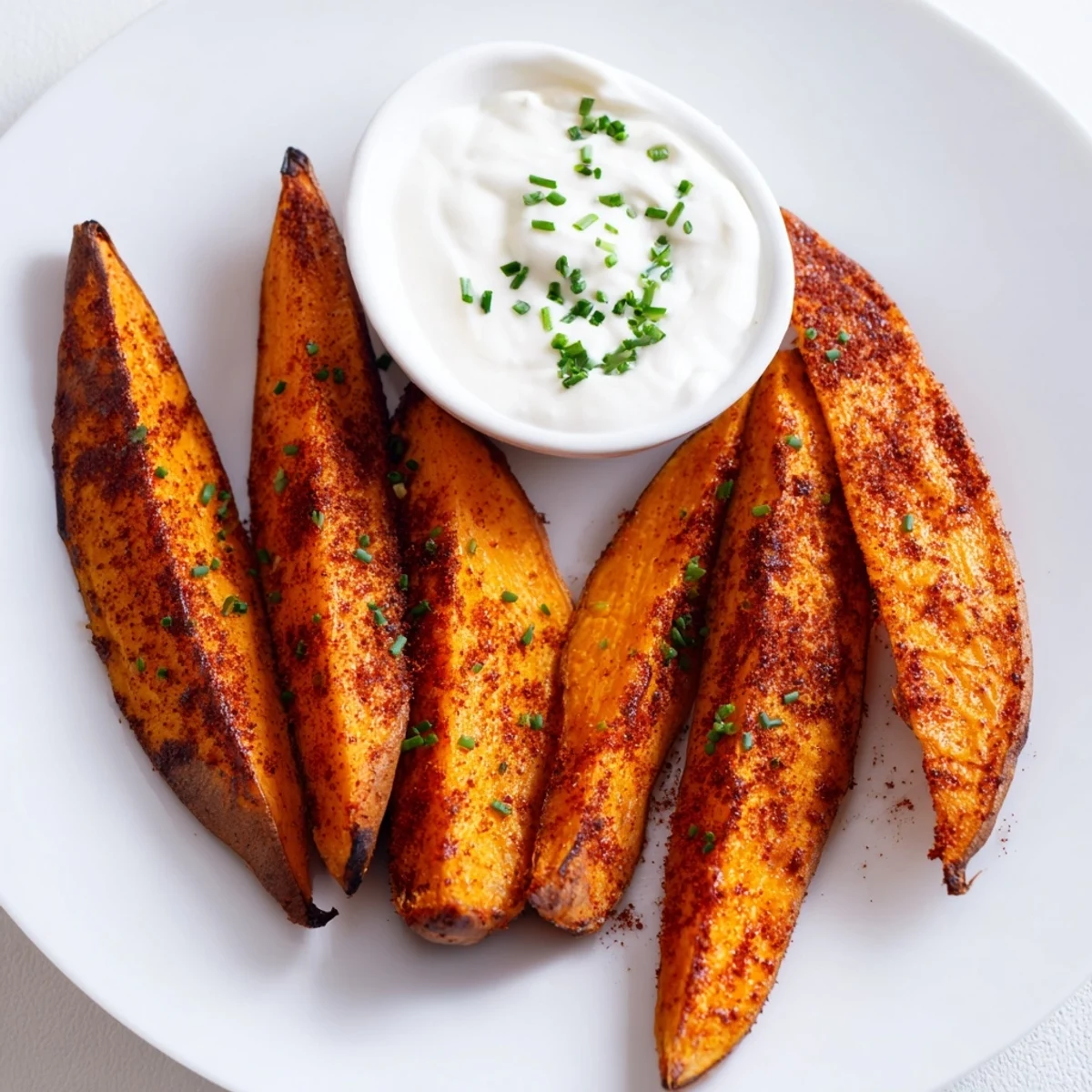 Golden-brown, crispy roasted sweet potato fries garnished with fresh chives beside a creamy dip.