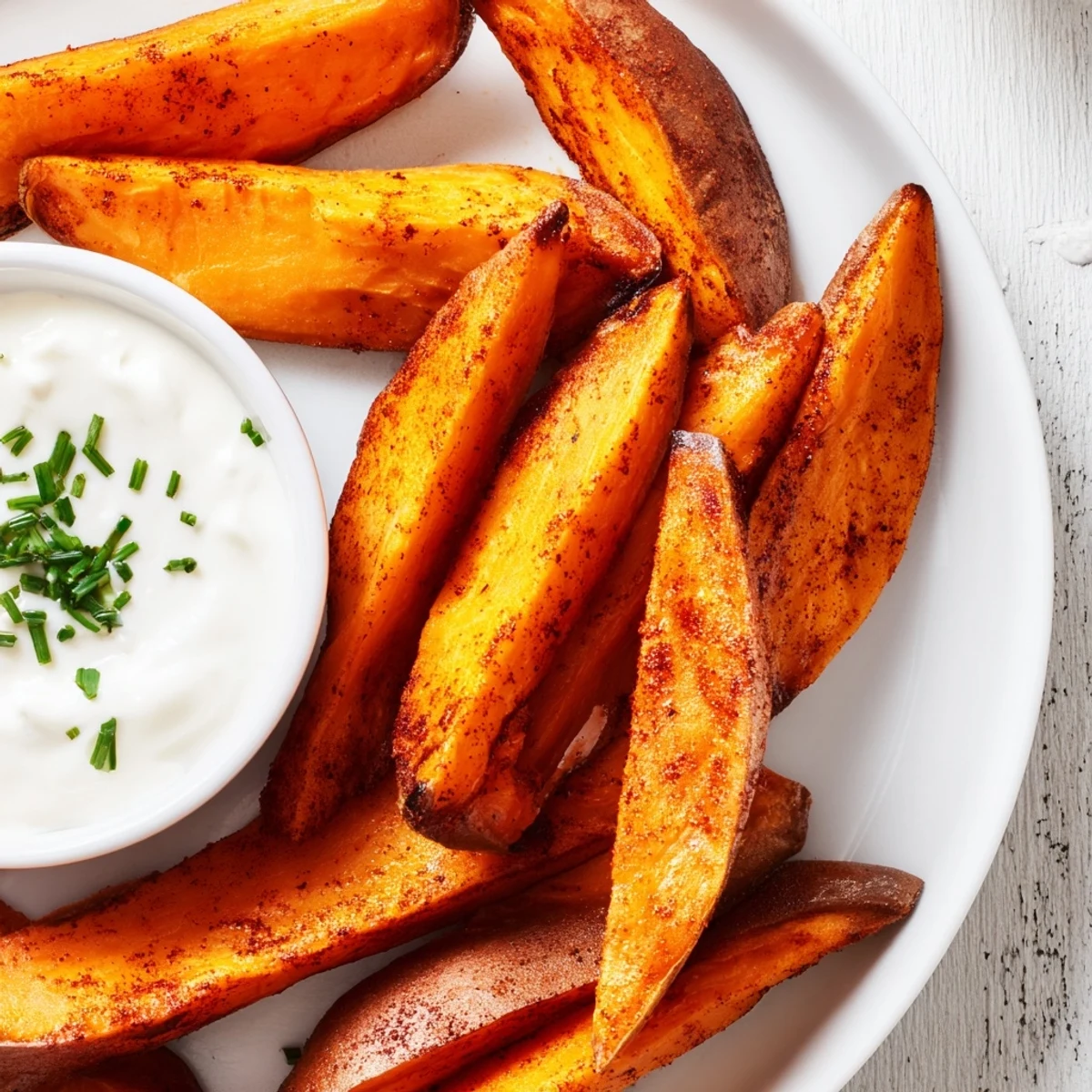 Oven-baked sweet potato fries with a tangy Greek yogurt dip ready for dipping.