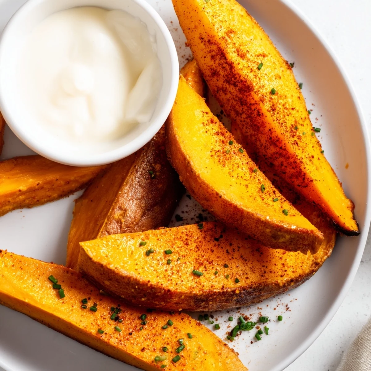 A healthy snack of roasted sweet potato fries with a creamy dip on the side.