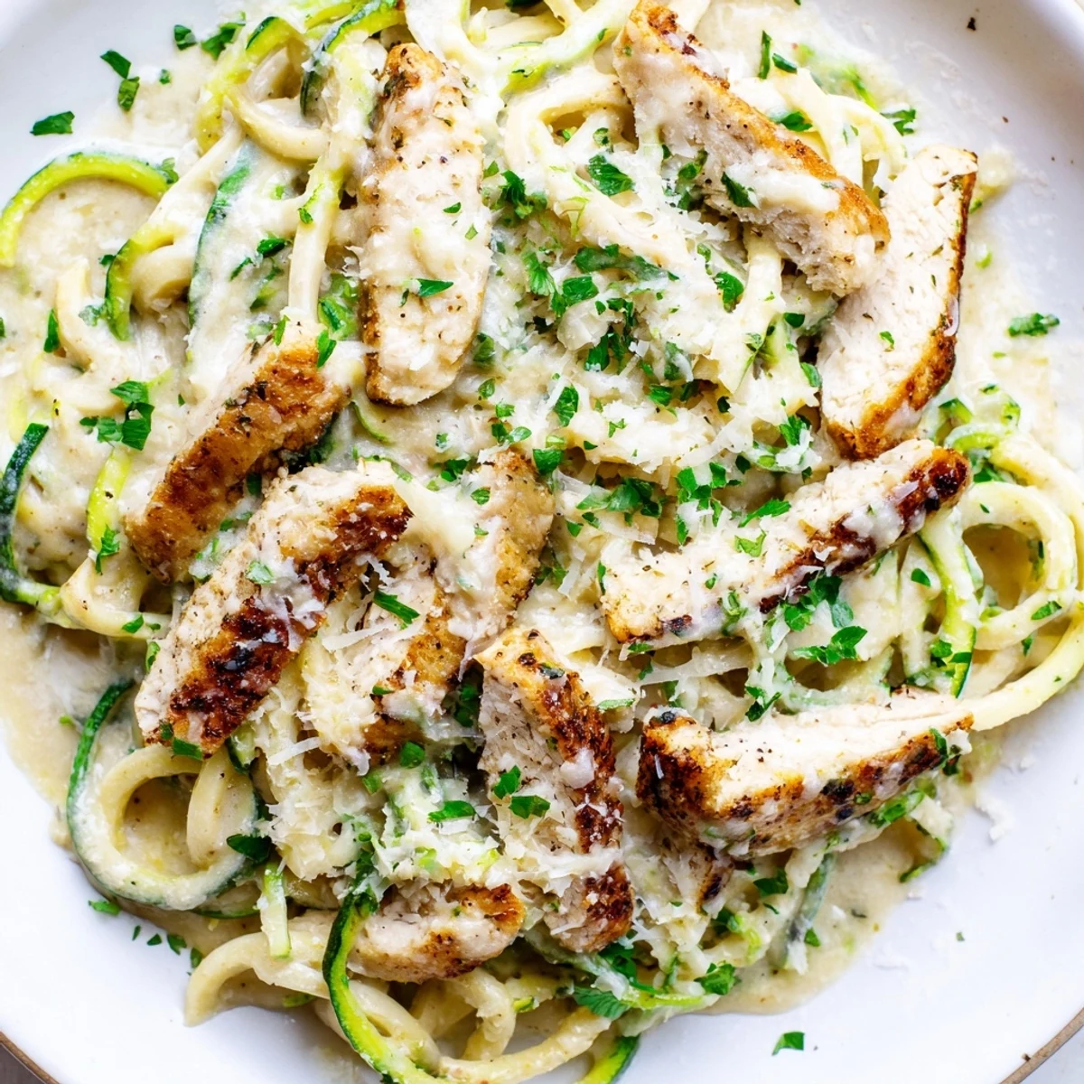 Plated Chicken Alfredo with Zucchini Noodles topped with fresh parsley and grated Parmesan.