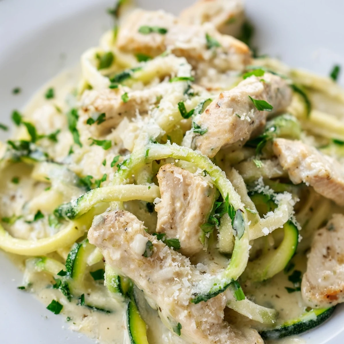 Easy gluten-free Chicken Alfredo with Zucchini Noodles served hot, perfect for a light dinner.