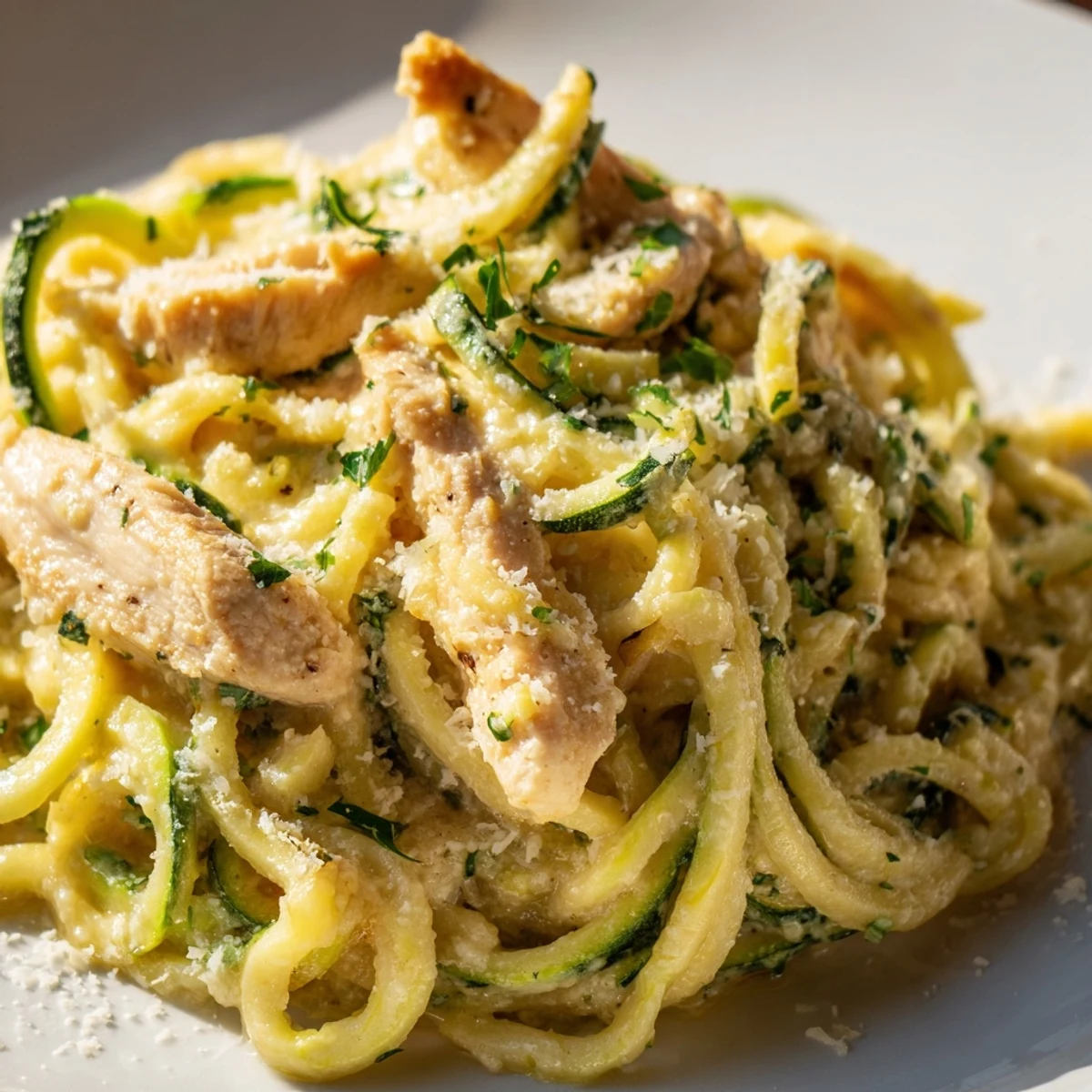 Tender chicken strips and spiralized zucchini noodles tossed in a rich, homemade Alfredo sauce.